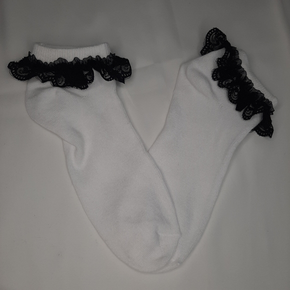 Low Cut White Socks with Black Lace and Satin. - Picture 1 of 2